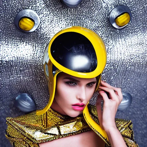 Prompt: close up of a female fashion model in year 3000 in art-deco entrance hall of a skyscraper, model wearing a huge surreal Avant-garde helmet in yellow, photography , official Versace editorial , highly detailed