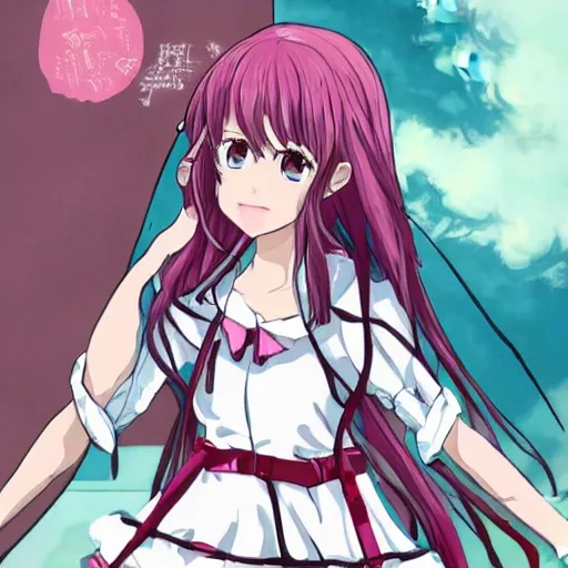 Image similar to Karl Marx as anime girl, wearing dress, cute smile, dancing, art by makoto shinkai, anime art, trending on artstation, pink hair
