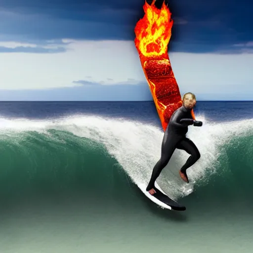 Prompt: man surfing on a wave of lava, playing heavy metal on a large guitar