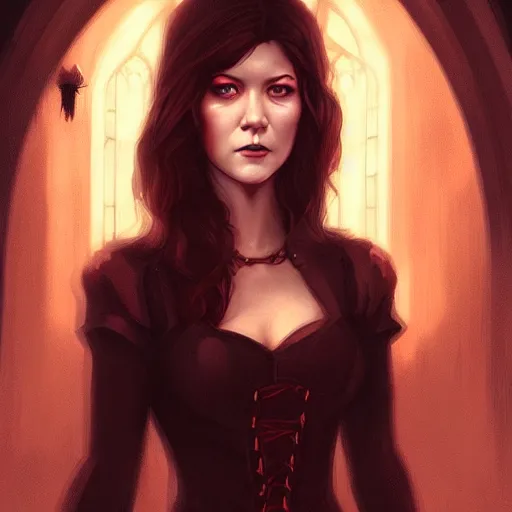 Image similar to a portrait digital painting of mary elizabeth winstead as a vampire in a gothic cathedral at night. painted by artgerm, ross tran.