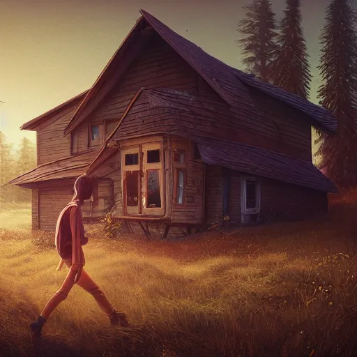 Image similar to woman leaving her wooden broken house by simon stålenhag, very highly detailed, award winning, rendered by Beeple, by Makoto Shinkai, syd meade, starwars, space art concept, digital art, unreal engine, blender, WLOP, trending on artstation, 4K UHD image, octane render