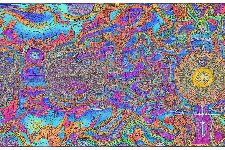 Prompt: Map of a psychedelic realm highly detailed, full color