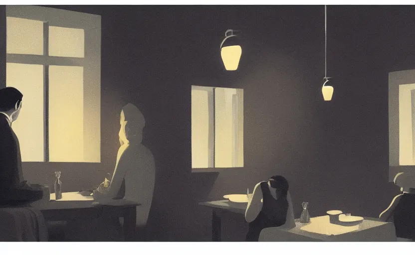 Image similar to a mysterious dimly lit dinner scene illustration by atey ghailan and escher and edward hopper, surreal