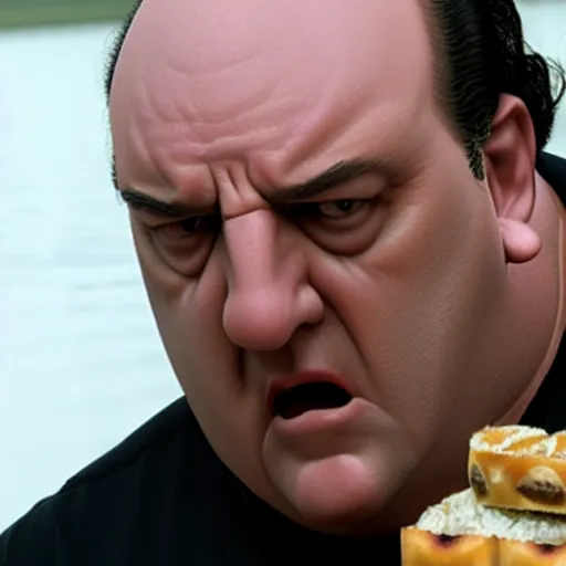 Image similar to tony soprano angry while eating gabagool, 8 k, high definition, highly detailed, photo - realistic