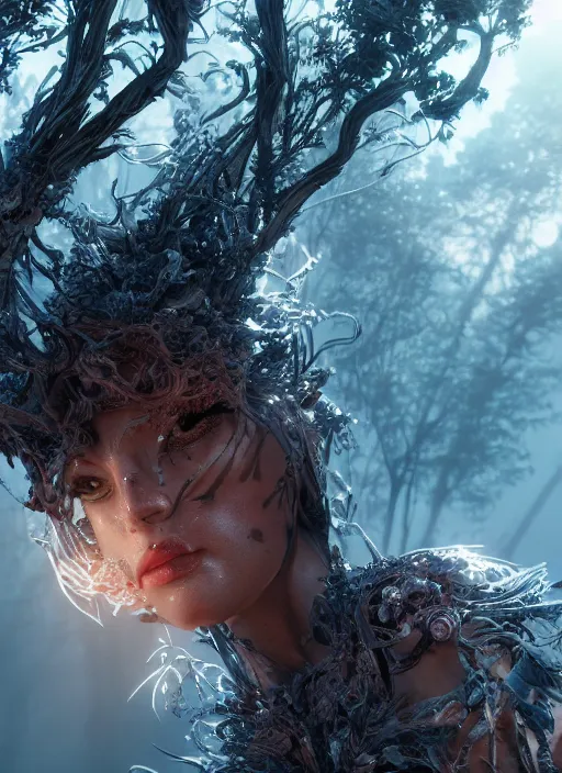 Image similar to stunning biomechanical impish incredible hair, masterpiece crystalline incrustations, hyperdetailed face, elegant pose, movie still, intricate, octane render, cinematic forest lighting, cgsociety, unreal engine, crepuscular rays, god rays