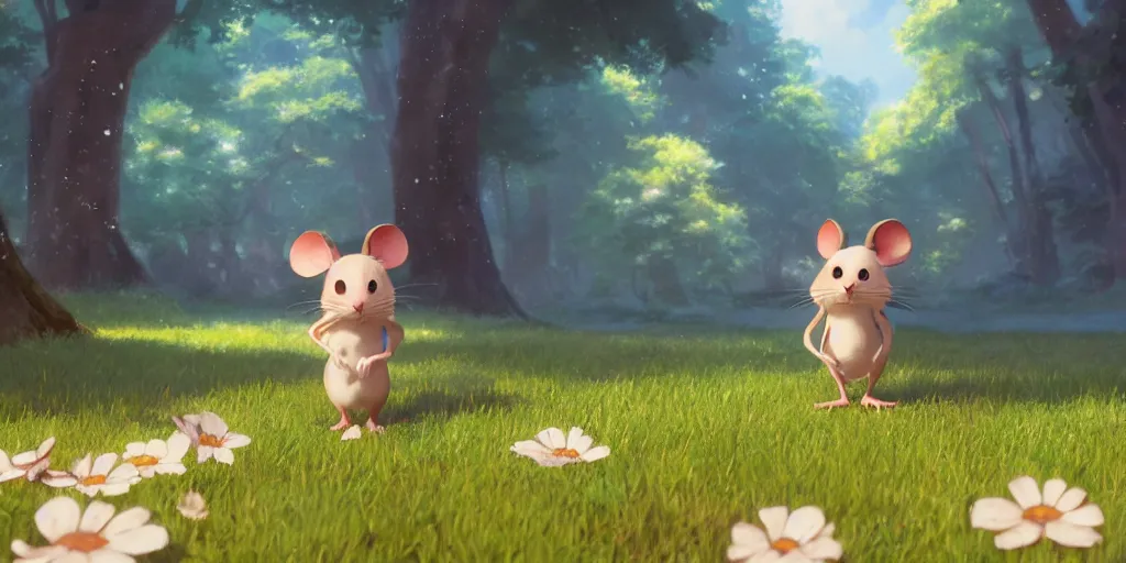 Prompt: a wholesome animation key shot of a cute mouse, studio ghibli, pixar and disney animation, sharp, rendered in unreal engine 5, anime key art by greg rutkowski, bloom, dramatic lighting
