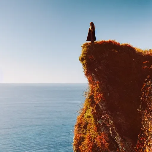 Prompt: women standing on a cliff, old red victorian style building next to her, book cover