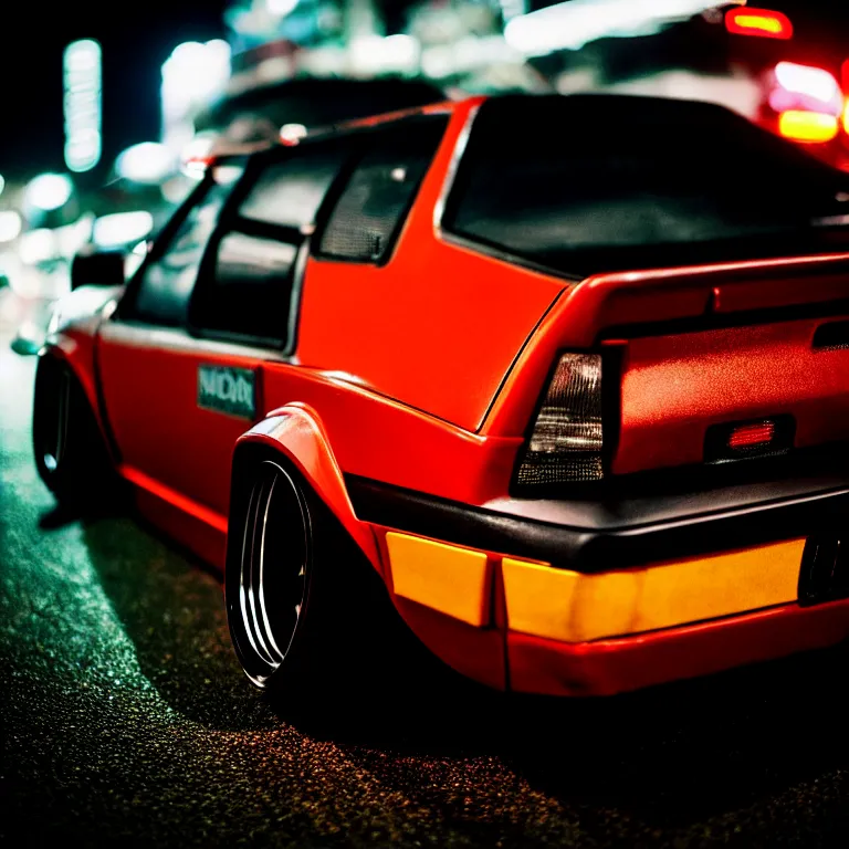 Image similar to close-up-photo Nissan S30 turbo illegal roadside night meet, work-wheels, Shibuya shibuya, cinematic color, photorealistic, deep dish wheels, highly detailed night photography