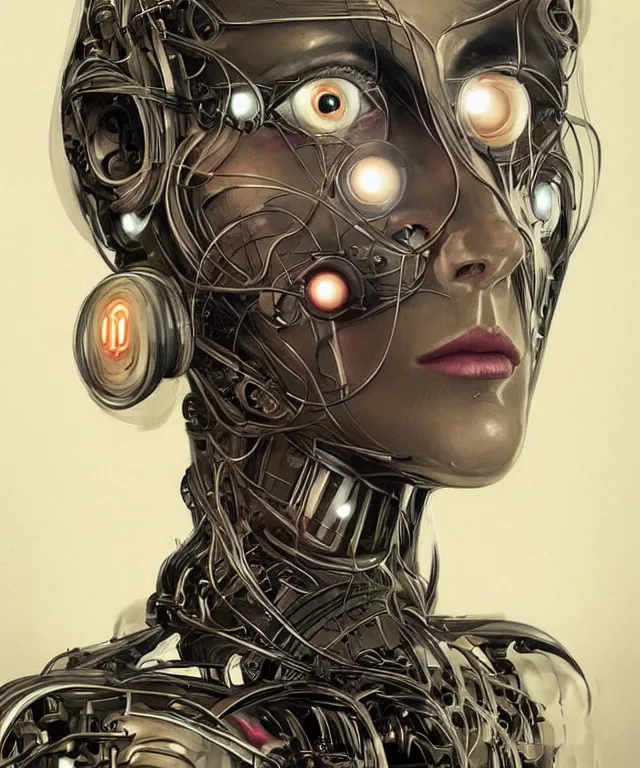 Image similar to a woman turning into an Android portrait wearing a part cybernetic body, surrealism , scifi, intricate, elegant, sharp eyebrows, ornate long flowing blonde hair, highly detailed cybernetic body, neon glowing eyes, digital painting, artstation, concept art, smooth, sharp focus, illustration, art by Artgerm and moebius and Peter Mohrbacher