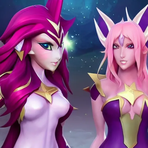 Image similar to star guardian xayah and star guardian kai'sa as friends together, league of legends, by weta digital, 3 - dimensional, realistic