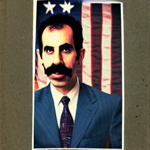 Prompt: borat running for president, vintage photograph, full image, realistic, damaged photograph