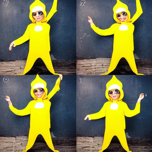 Prompt: photo booth film strip of a person in a banana costume doing fun poses