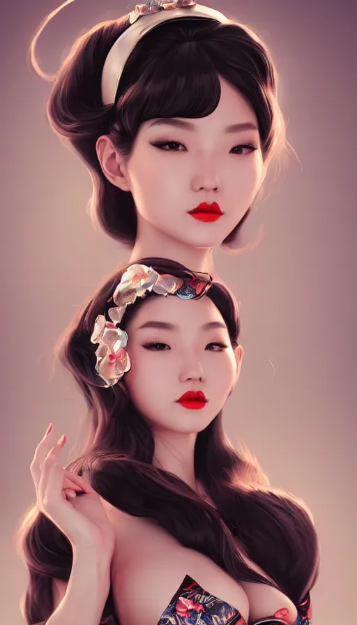 Prompt: a pin up and beautiful fashion and charming and dreamlke asian girl, lv jewelry, art by artgerm & jeehyung lee & wlop, hyperdetailed, 8 k realistic, symmetrical, frostbite 3 engine, cryengine, dof, trending on artstation, digital art