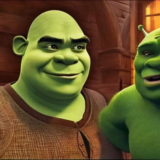 Image similar to two beautiful mature shrek in a summer home, casual summer clothes, gorgeous faces, thick lines, cinematic lighting, detailed anime art