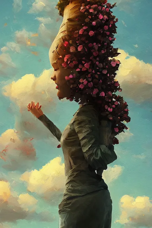 Prompt: portrait, giant flower head, a girl standing on a pillar, surreal photography, wind and cold, dramatic sky, impressionist painting, digital painting, artstation, simon stalenhag