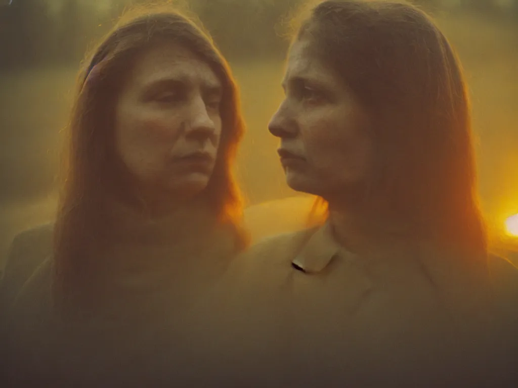 Image similar to close up portrait bust of woman, solemn expression, faded color film, russian cinema, tarkovsky, kodachrome, heavy forest, wood cabin in distance, long brown hair, old clothing, heavy fog, atmospheric haze, brown color palette, sunset, low light, hudson river school, 4 k, dramatic lighting