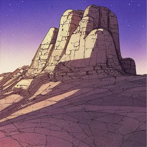 Prompt: [ illustration of a barren desert ] [ old ailen ruins ] [ gauche watercolour soft beautiful colours ] [ moebius, science fiction art ] [ composition, style, key art, cover art ]