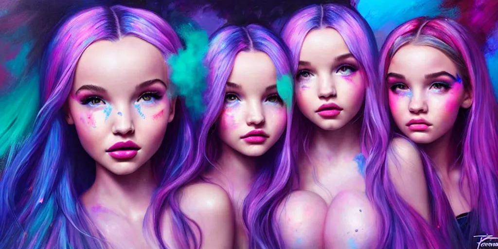 Prompt: dove cameron and madison beer and bella poarch are three beautiful raver girls in the dark, rolling on ecstasy, peaking on pure molly, dilated pupils and covered in florescent paint, highly detailed, digital painting, dramatic lighting, artstation, concept art, matte, sharp focus, illustration, art by artgerm and ross tran and thomas kincade