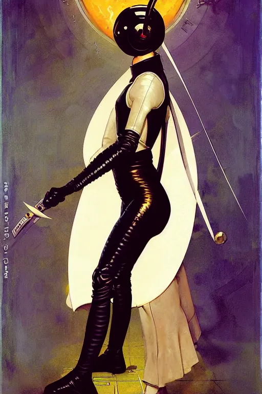 Image similar to pulp scifi fantasy illustration full body portrait android girl, fencer, white hair, in leather, by norman rockwell, roberto ferri, daniel gerhartz, edd cartier, jack kirby, howard v brown, ruan jia, tom lovell, frank r paul, jacob collins, dean cornwell, astounding stories, amazing, fantasy, other worlds