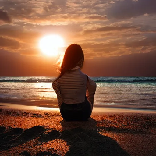 Prompt: girl reading a book, beach, golden hour, sun in frame, wavy water, digital art