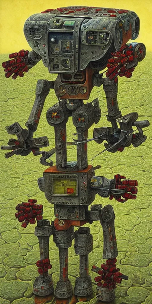 Prompt: wracked combat robot, style by jacek yerka