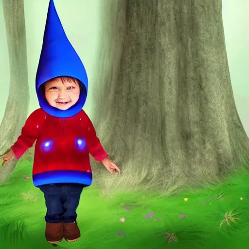 Image similar to a bad quality phone recording of a small person with a smile in his face dressed as a gnome peeking behind a tree, forest trail, night time, bright camera flash, camera shaking, realistic, phone recording, bad quality, 480p, scary