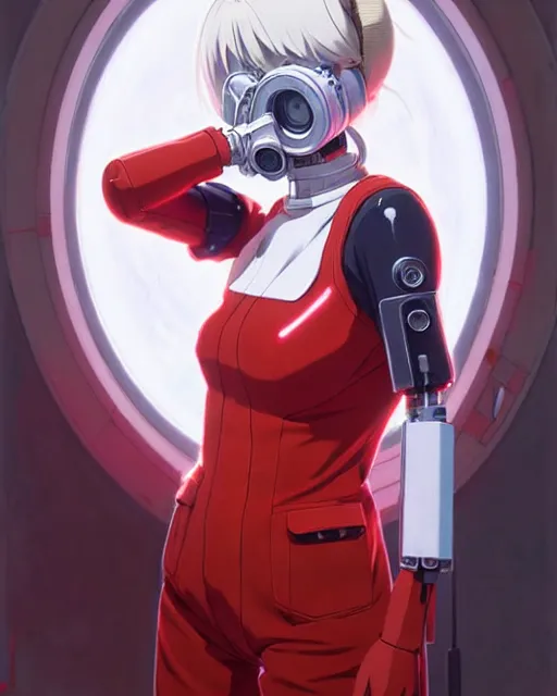 Image similar to white haired cyborg girl wearing a gas mask and red dress | | audrey plaza, fine detail!! anime!! realistic shaded lighting!! poster by ilya kuvshinov katsuhiro otomo ghost - in - the - shell, magali villeneuve, artgerm, jeremy lipkin and michael garmash and rob rey