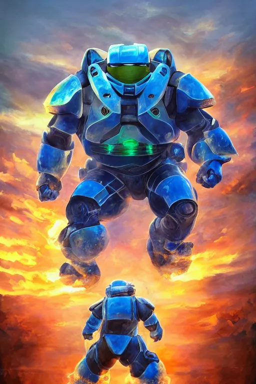 Image similar to blastoise pokemon playing as master chief, oil on canvas, intricate, 8 k highly professionally detailed, hdr, cgsociety