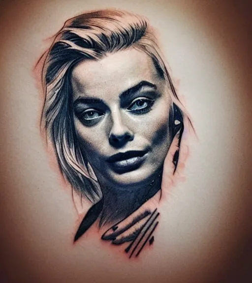 Image similar to tattoo design sketch double exposure of margot robbie with beautiful mountain scenery mash up, in the style of arlo dicristina, surrealist, amazing detail, sharp