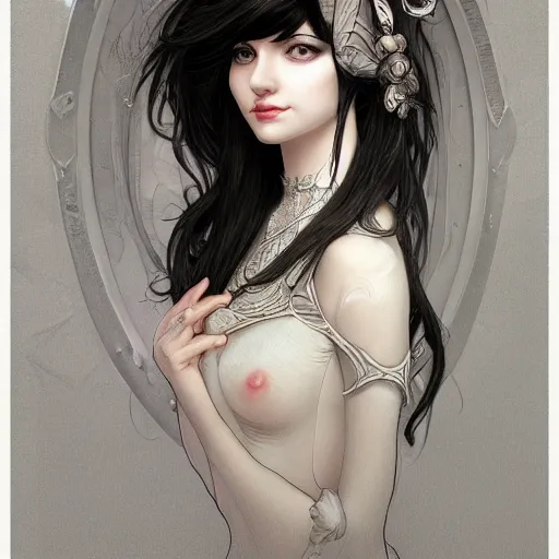 Image similar to a photograpic portrait of a anthropomorphic mouse wearing black clothes, black hair, grey skin, grey mouse ears, fantasy, intricate, elegant, highly detailed, digital painting, artstation, smooth, sharp focus, illustration, art by artgerm and H R Giger and alphonse mucha