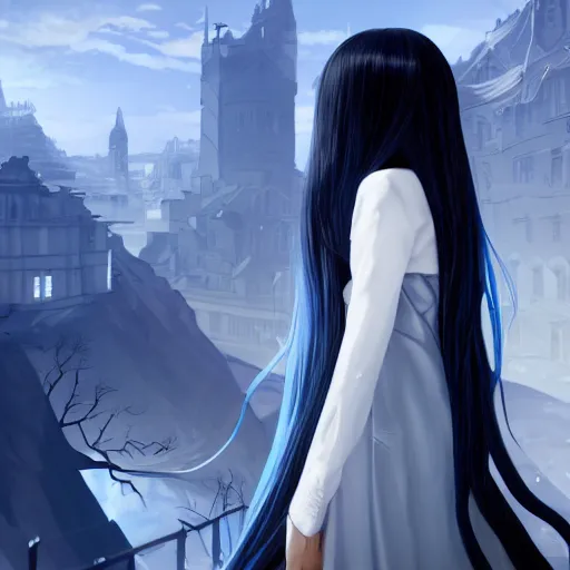 Prompt: low - angle shot from behind of a long blue - haired girl in a tailcoat overlooking noxus, noir, screenshot, sharp focus, intricate, illustration, cell shaded, digital painting, highly detailed, straight hair, art by ilya kuvshinov, wlop, greg rutkowski, studio quality, james jean