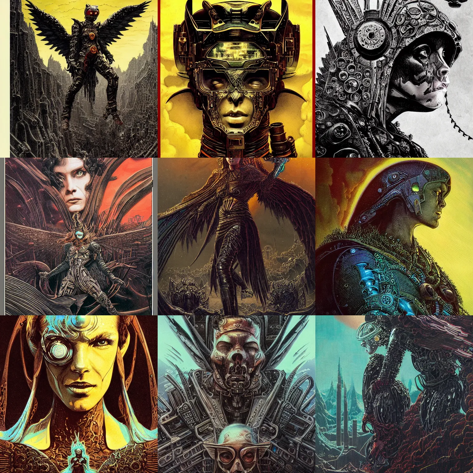 Prompt: the dark angel of chaos character portrait, portrait, close up, concept art, intricate details, highly detailed, vintage sci - fi poster, retro future, in the style of chris foss, rodger dean, moebius, michael whelan, and gustave dore