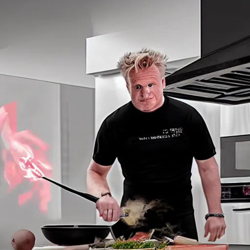 Image similar to hyper real Gordon Ramsey cooking a unicorn in kitchen 4k