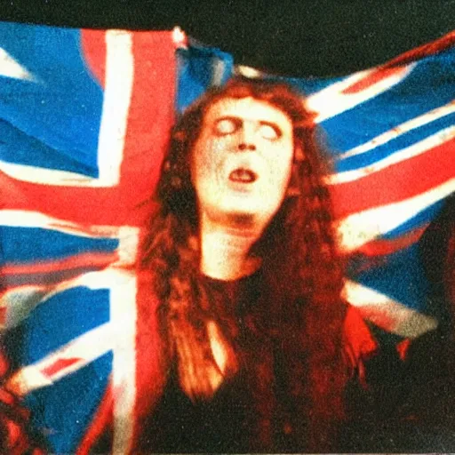 Image similar to 1 9 - year - old girl in a traditional doom metal band, new wave of british heavy metal, live in concert, live 1 9 8 6, united kingdom flags, union jack, playing electric guitar, headbanging crowd of longhairs, audience of longhairs, super 8 mm, grainy photo, colorized