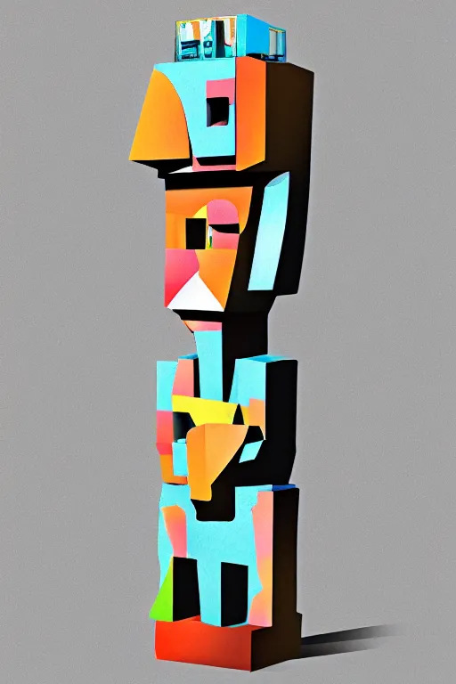 Image similar to cubist moai statue cutout digital illustration cartoon colorful beeple