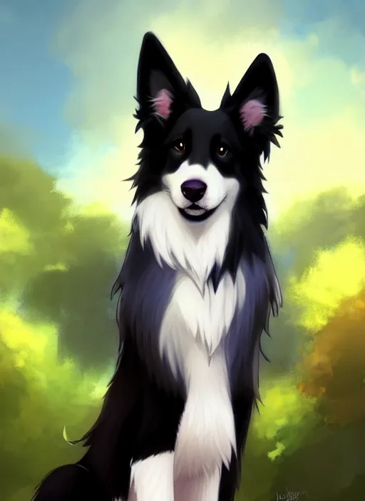 Image similar to wide angle beautiful full body portrait of a cute male anthropomorphic border collie fursona wearing a t - shirt and posing in front of a park, character design by charlie bowater, henry asencio, and ross tran, furry art, furaffinity, scenic background, beautiful, glamor pose, detailed, aesthetic, trending on artstation