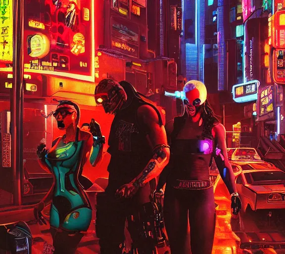 Prompt: a portrait of a cyberpunk gangoon street battle, Night City, cyberpunk 2077, very very coherent painting, 1979 OMNI Magazine Cover, street level neo-Tokyo in Cyberpunk 2045 style by Vincent Di Fate by mark arian by artgerm, 4k, 8k, HD, trending on artstation