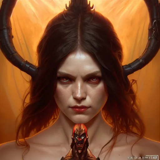 Image similar to portrait painting of a devil, the hell in the background, ultra realistic, concept art, intricate details, eerie, highly detailed, photorealistic, octane render, 8 k, unreal engine. art by artgerm and greg rutkowski and charlie bowater and magali villeneuve and alphonse mucha