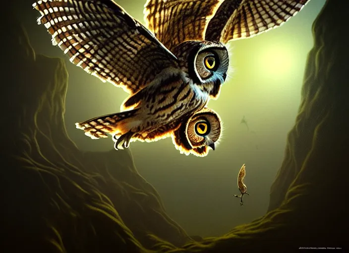 Image similar to an extremely detailed masterpiece photo of a western screech - owl in flight mon in background, in the style of brian froud, brian despain, brian bolland, digital art, unreal engine, volumetric lighting, dark moody lighting, trending on artstation, photorealistic, epic scene