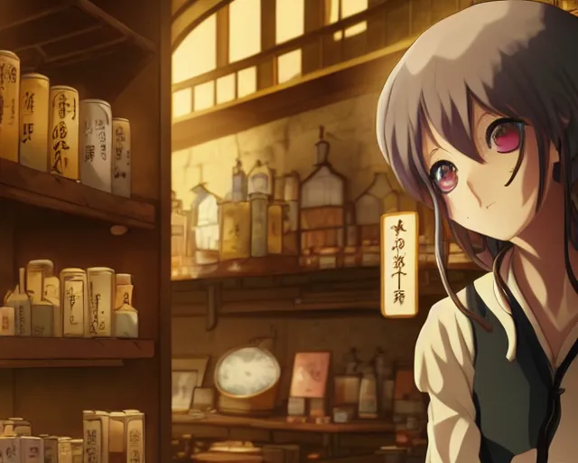 Prompt: anime visual, portrait of a young female traveler in a alchemist's potion shop interior, cute face by katsura masakazu and yoh yoshinari,, cinematic luts, cold studio lighting, dynamic pose, dynamic perspective, strong silhouette, anime cels, ilya kuvshinov, cel shaded, crisp and sharp, rounded eyes, moody