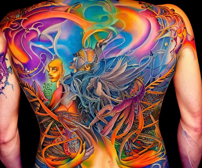 Image similar to closeup photograph of an incredible color upper back tattoo in style of Alex grey peter mohrbacher intricate, female model with attractive body, award-winning by rapha lopes, and baris yesilbas, photo taken with dramatic studio lighting by brian ingram