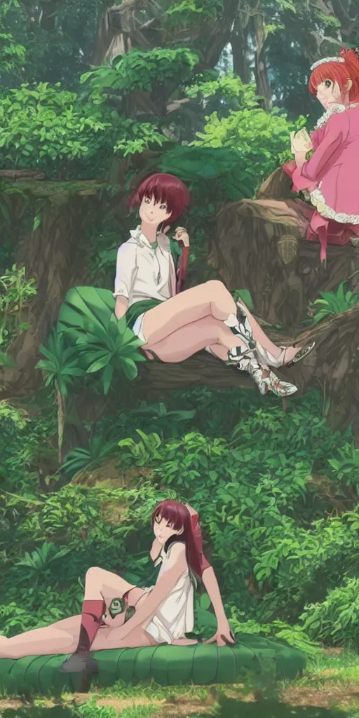 Prompt: a queen of good vibes sitting by herself on a sofa in a forest, drawn by CloverWorks, intricate detail