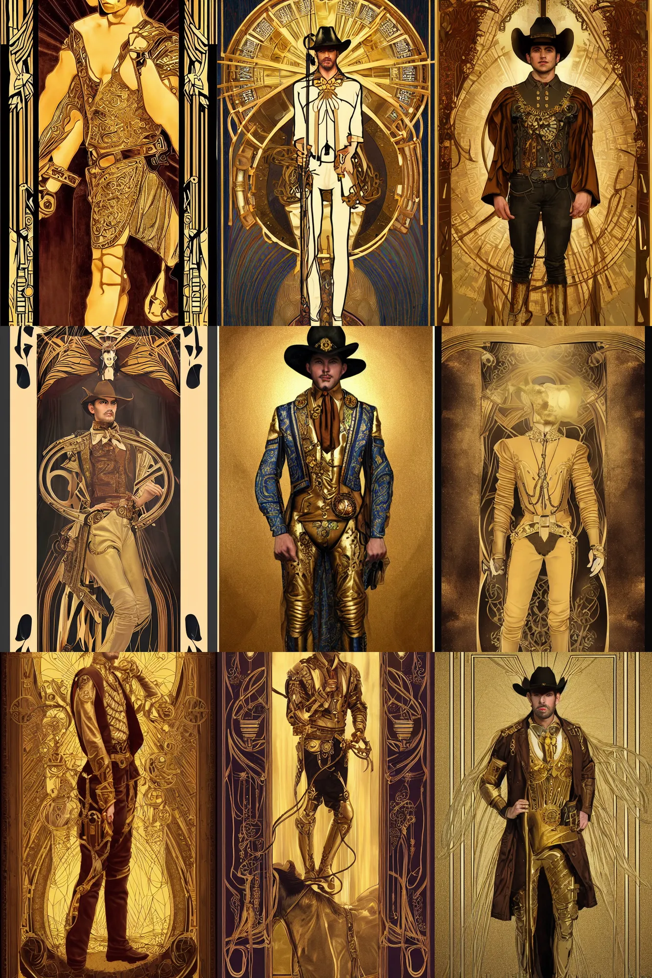 Prompt: a dramatic ethereal epic symmetrical painting of a handsome cowboy in a gold outfit | tarot card, art deco, art nouveau, (steampunk), homoerotic, realistic | by Mark Maggiori and ((((Alphonse Mucha))) | trending on artstation