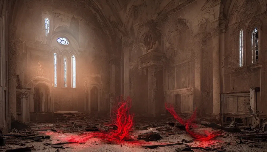 Prompt: demons battle lovecraftian monsters in an abandoned church in the vatican, 8 k, soft lighting, hdr, octane render, cinematic, red fluid on walls of the church, smoke, photorealistic, bokeh