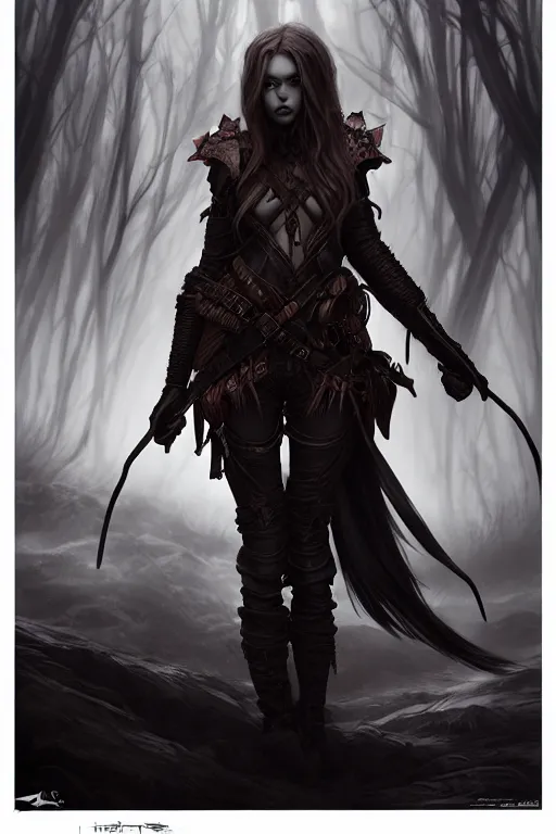Image similar to dramatic atmospheric dark forest scenery, girl with vampire-fangs in hide leather armor, hyperdetailed, artstation, cgsociety, 8k