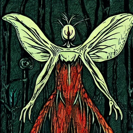 Image similar to mothman in the style of junji ito, in the woods of west virginia, cryptid, insane detail, body horror