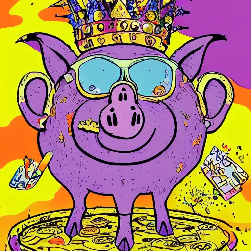 Prompt: trippy comic art of a pig wearing a gold crown eating snacks, drawn by Martin Rowson, Tim Burton, Studio Ghibli, Alex Pardee, Nekro Petros Afshar, James McDermott, colors by lisa frank, unstirred paint, vivid color, cgsociety 4K