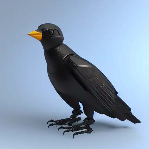 Image similar to a robotic corvid, vray, 55mm