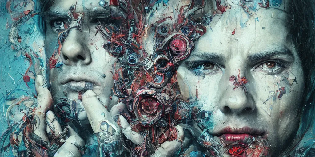 Image similar to portrait of a man in a secret society,8k,by tristan eaton,Stanley Artgermm,Tom Bagshaw,Greg Rutkowski,Carne Griffiths, Ayami Kojima, Beksinski, Giger,trending on DeviantArt,face enhance,hyper detailed,minimalist,cybernetic, android, blade runner,full of colour, super detailed