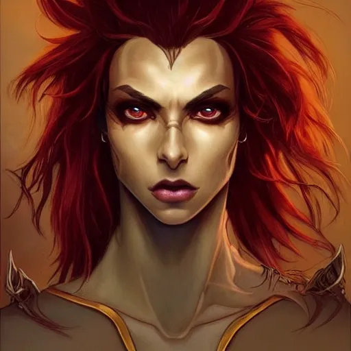 Image similar to dnd character portrait of a tanned half - elf with messy short red hair and yellow eyes with slit pupils, beautiful and androgynous with dark skin, feral, glowing aura, golden hour, wearing a stylish men's suit, by ross tran and gerald brom and alphonse mucha, trending on artstation